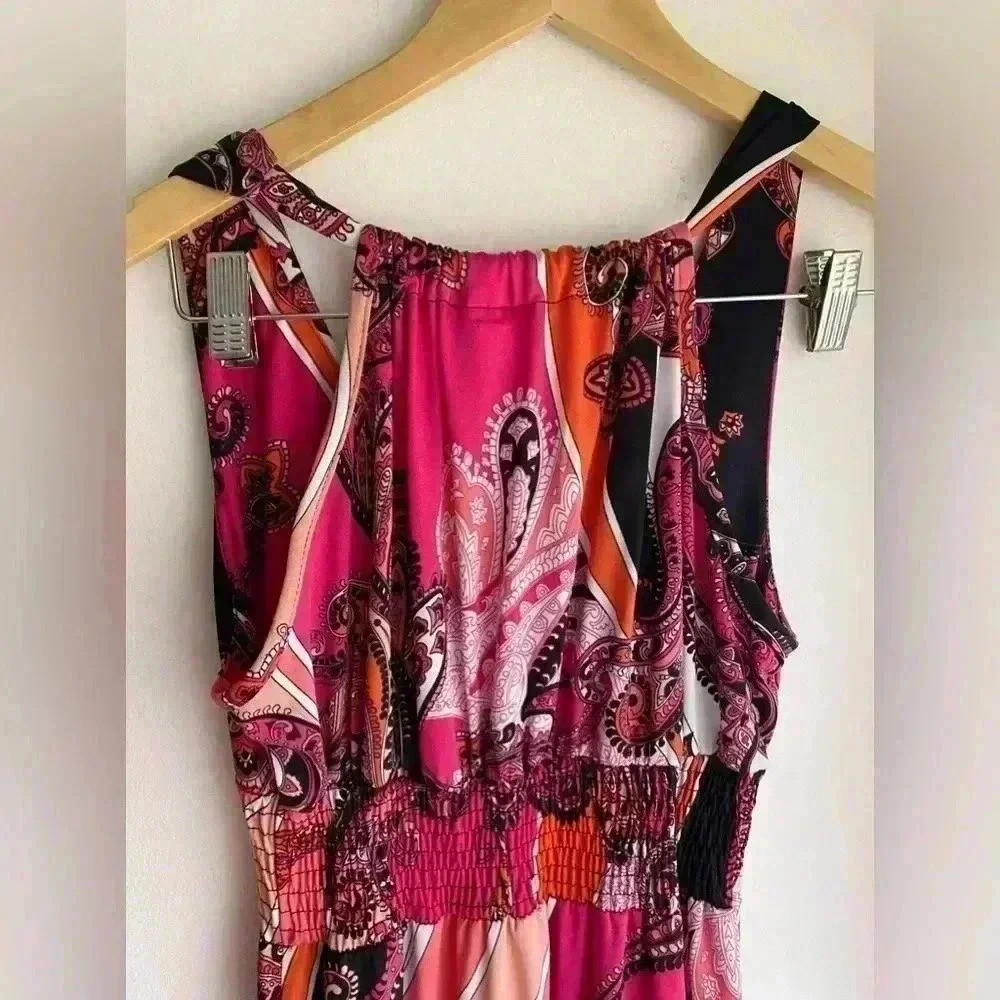 Vintage Shes Cool Pink Paisley Halter V Neck Y2K Maxi Dress Retro Cinched Waist - Picture 6 of 7
